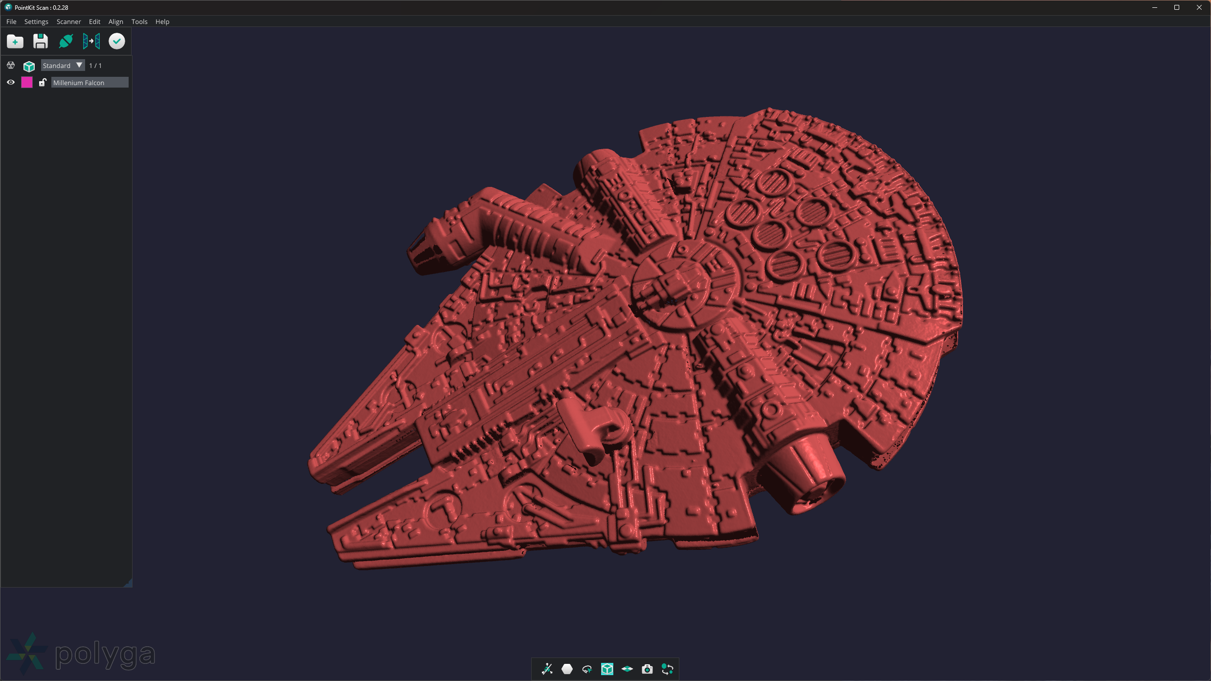 The 3D scan of the millennium Falcon aligned and processed in PointKit Scan app